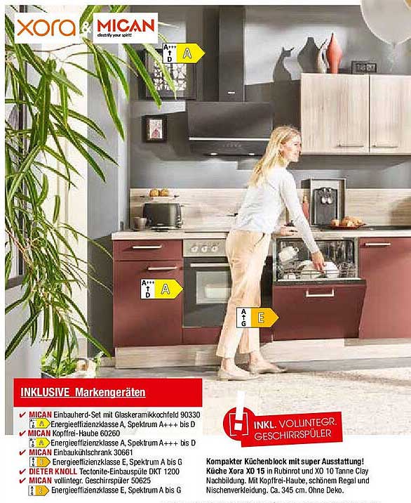 Kompakter Küchenblock mit super Ausstattung: Küche Xora X15 in Rubint und X10 Tanne Clay