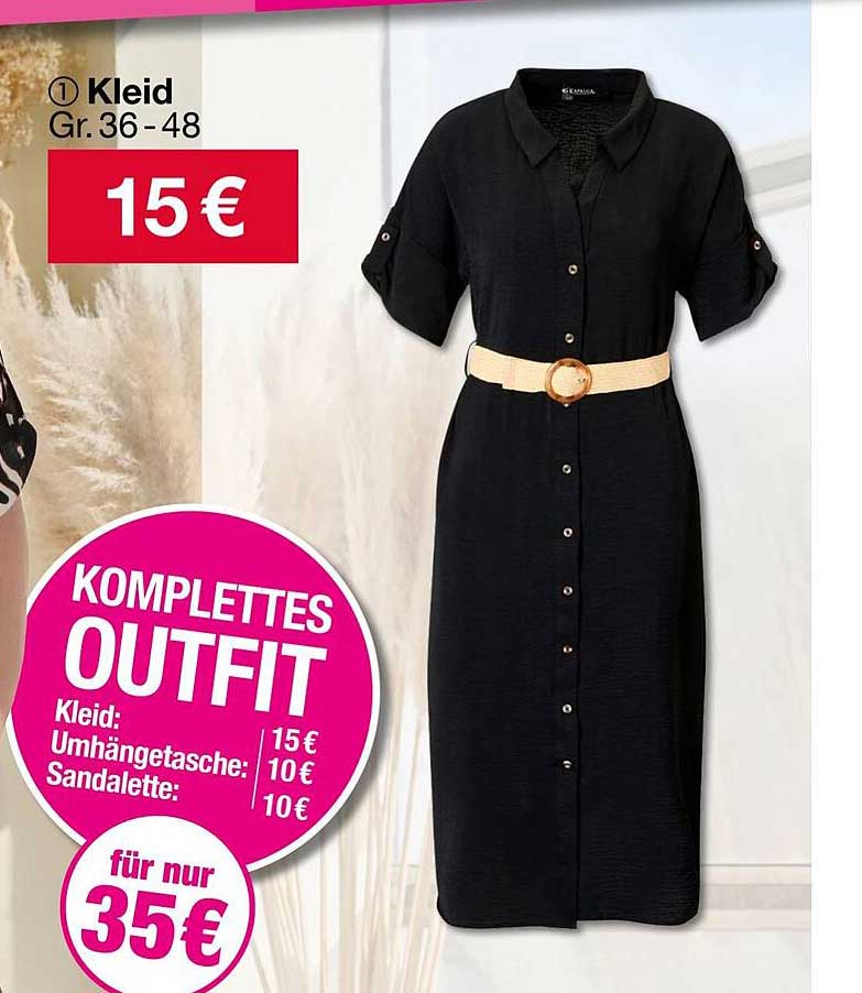 Komplettes Outfit: Kleid, Umhängetasche und Sandalette