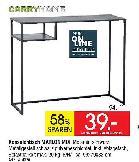 Konsolentisch MARLON MDF Melamin schwarz, Metallgestell schwarz pulverbeschichtet
