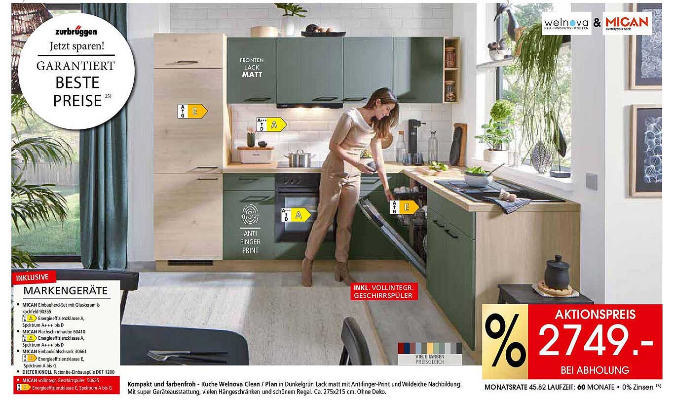 Küche Welnova Clean in Dunkelgrün matt mit Vollintegration und Geschirrspüler