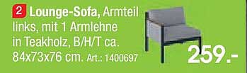 Lounge-Sofa, Armteil links, mit 1 Armlehne in Teakholz, B/H/T ca. 84x73x76 cm
