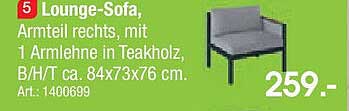 Lounge-Sofa, Armteil rechts, mit 1 Armlehne in Teakholz, B/H/T ca. 84x73x76 cm.