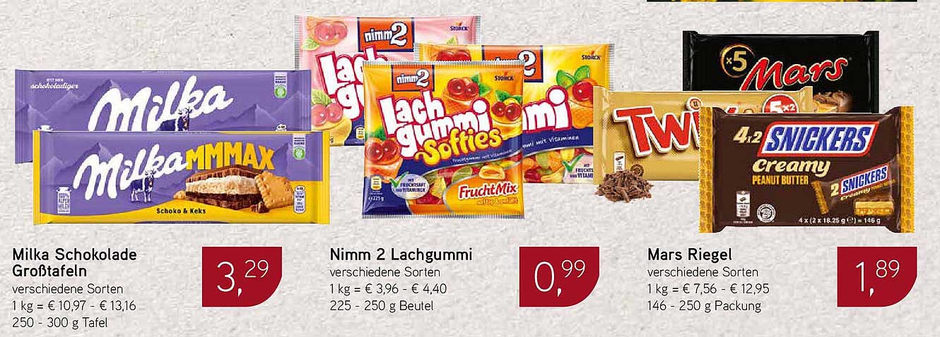 Milka Schokolade Großtafeln, Nimm 2 Lachgummi, Mars Riegel und Twix
