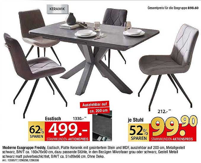 Moderne Essgruppe Freddy mit ausziehbarem Esstisch und Stühlen