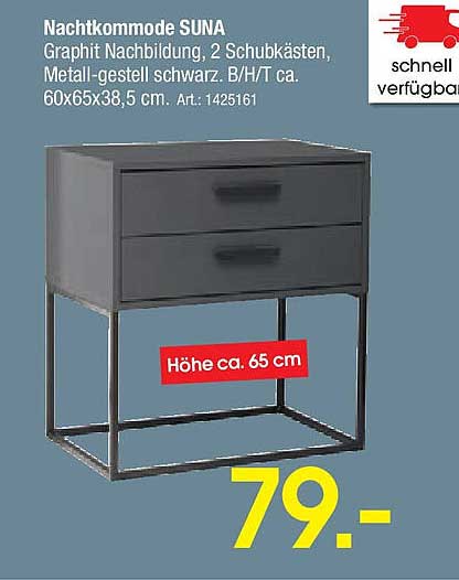 Nachtkommode SUNA - Graphit Nachbildung, 2 Schubkästen