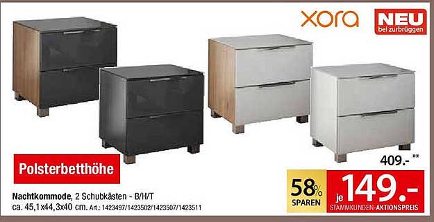Polsterhöhe Nachtkommode mit 2 Schubkästen