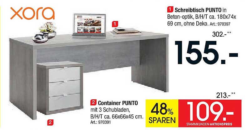 Schreibtisch PUNTO in Beton-optik B/H/T ca. 180x74x69 cm, ohne Deko.