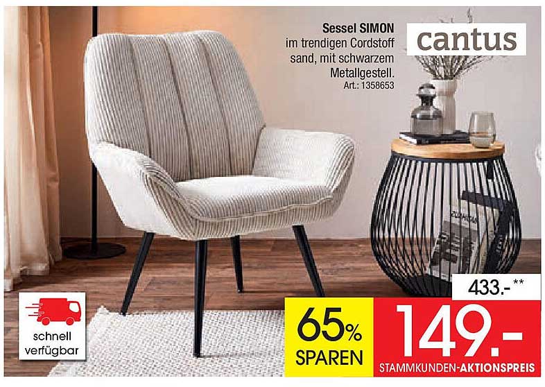 Sessels SIMON in sandfarbigem Cordstoff mit schwarzem Metallgestell