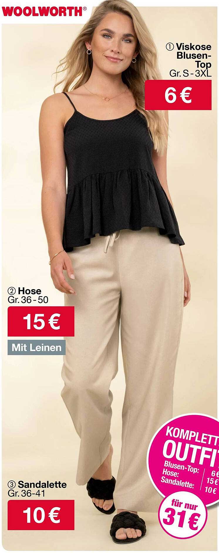 Viskose Blusen-Top, Hose und Sandalette - Komplett Outfit
