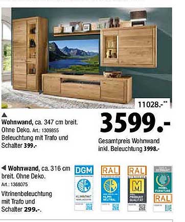 Wohnwand, ca. 347 cm breit. Ohne Deko.