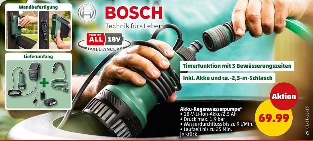 Akku-Regenwasserpumpe von Bosch inkl. Akku und 2,5 m Schlauch
