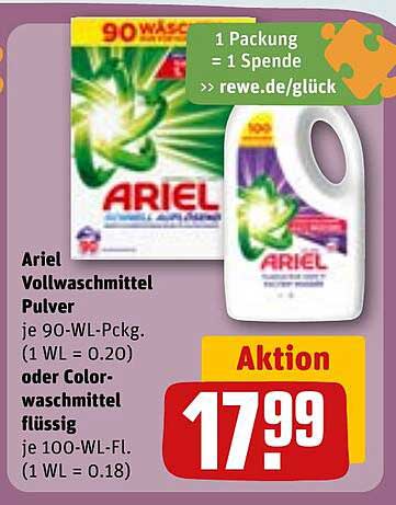 Ariel Vollwaschmittel Pulver oder Colorwaschmittel flüssig – 90 WL