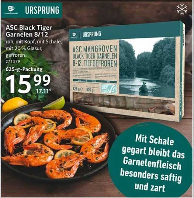 ASC Black Tiger Garnelen 8/12 roh, mit Kopf, mit Schale, gefroren