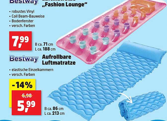 Aufrollbare Luftmatratze Bestway, 86 x 213 cm, verschiedene Farben