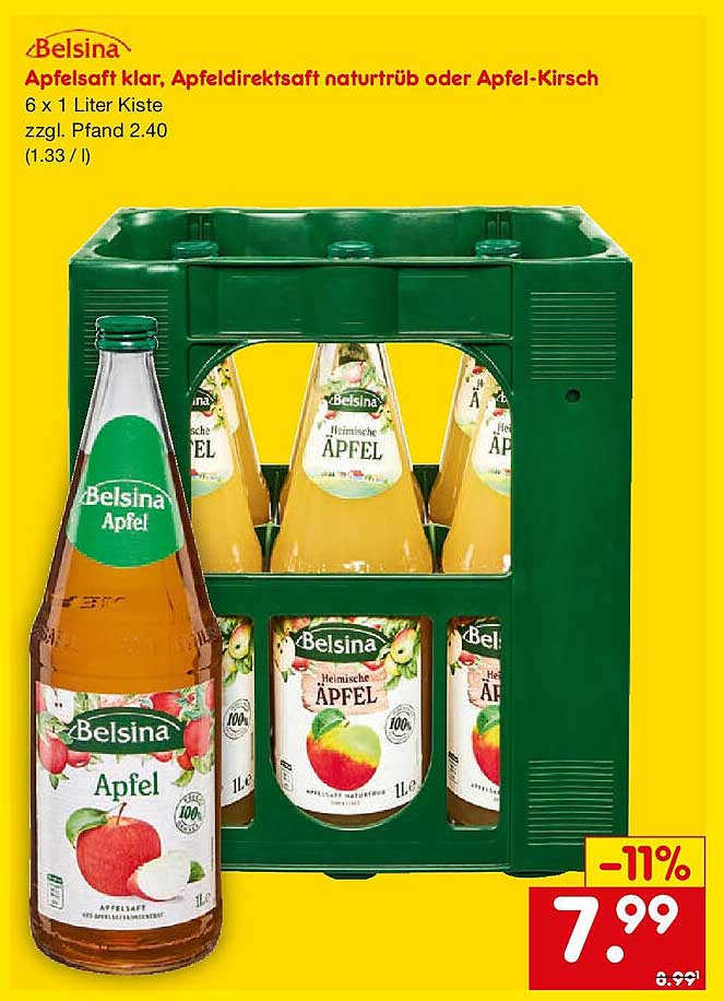 Belsina Apfelsaft klar, Apfeldirektsaft naturtrüb oder Apfel-Kirsch 6 x 1 Liter Kiste