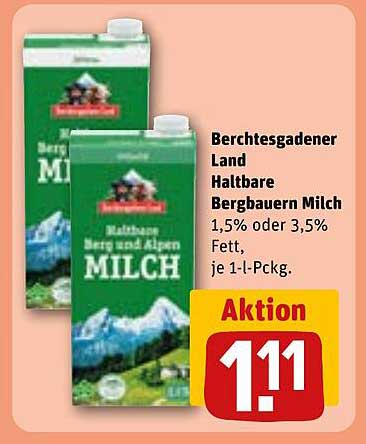 Berchtesgadener Land Haltbare Bergbauern Milch 1,5% oder 3,5% Fett, je 1-l-Pckg.