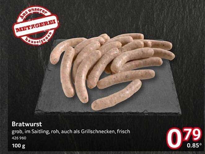 Bratwurst grob im Saitling, roh, auch als Grillschnecken, frisch - 100 g