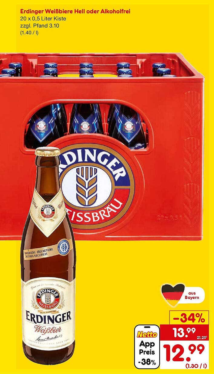 Erdinger Weißbiere Hell oder Alkoholfrei 20 x 0,5 Liter Kiste