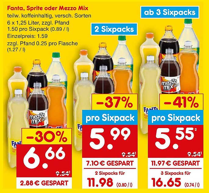 Fanta, Sprite oder Mezzo Mix - 6 x 1,25 Liter, zzgl. Pfand