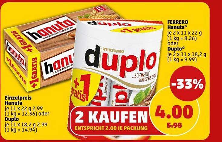 FERRERO Hanuta oder Duplo – 2 für 4,00 €