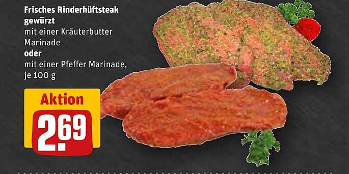 Frisches Rinderhüftsteak gewürzt mit einer Kräuterbutter Marinade oder mit einer Pfeffer Marinade, je 100 g