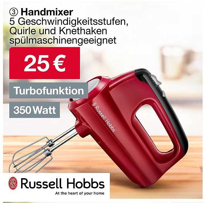 Handmixer mit 5 Geschwindigkeitsstufen und Turbo-Funktion von Russell Hobbs