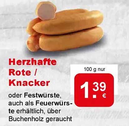 Herzhafte Rote / Knacker oder Festwürste, auch als Feuerwürste erhältlich, über Buchenholz geraucht