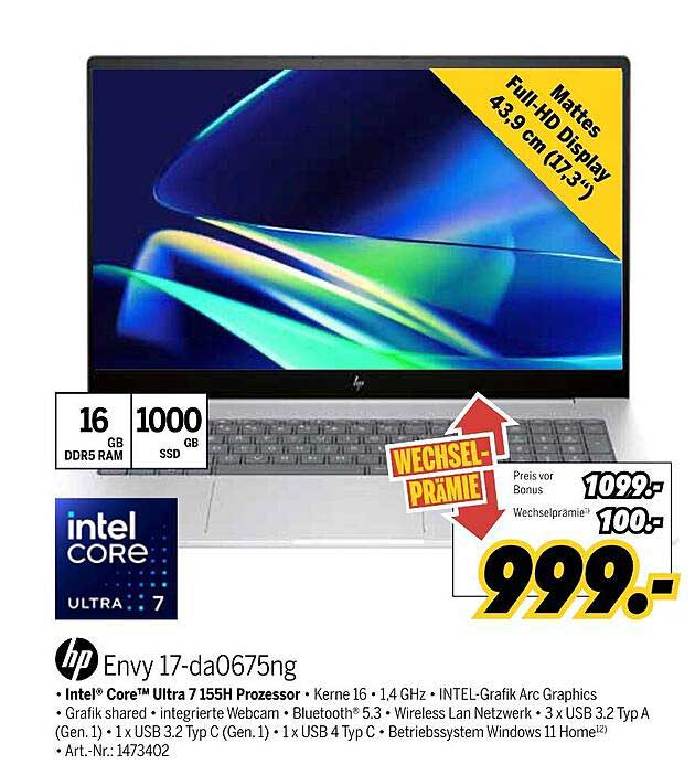 HP Envy 17-da0675ng - 17,3" Full HD Laptop mit Intel® Core™ Ultra 7