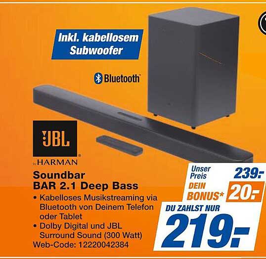 JBL Soundbar BAR 2.1 Deep Bass inkl. kabellosem Subwoofer