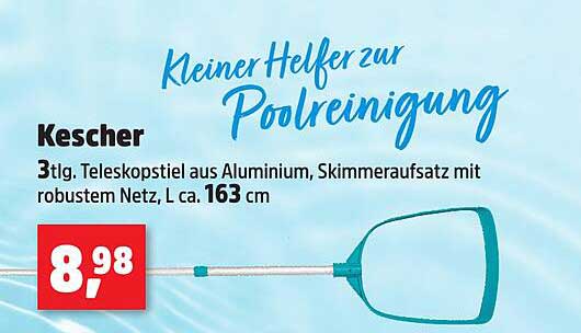 Kescher 3-tlg. Teleskopstil aus Aluminium, Skimmeraufsatz mit robustem Netz, L ca. 163 cm