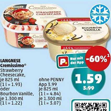 LANGNESE Cremissimo Strawberry Cheesecake oder Bourbon Vanille, je 825 ml