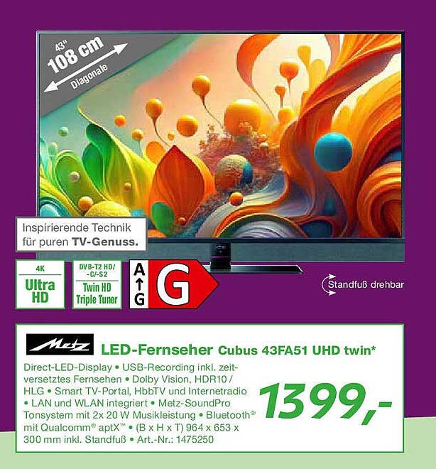Metz LED-Fernseher Cubus 43FA51 UHD twin