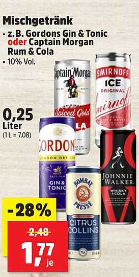 Mischgetränk z.B. Gordons Gin & Tonic oder Captain Morgan Rum & Cola - 0,25 Liter