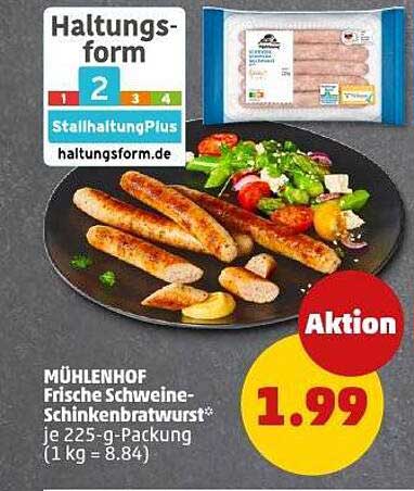 MÜHLENHOF Frische Schweine-Schinkenbratwurst* je 225-g-Packung (1 kg = 8,84)