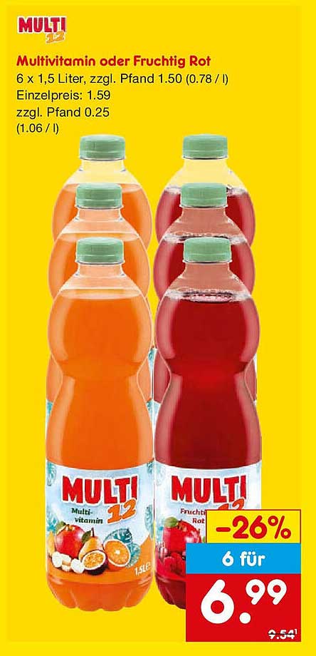 MULTI Multivitamin oder Fruchtig Rot - 6 x 1,5 Liter