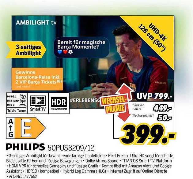 Philips 50PUS8209/12 - 3-seitiges Ambilight UHD TV 126 cm (50")