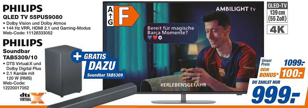 Philips QLED TV 55PUS9080 mit gratis Soundbar TAB5309