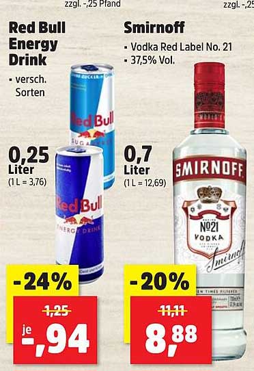 Red Bull Energy Drink - versch. Sorten und Smirnoff Vodka Red Label No. 21