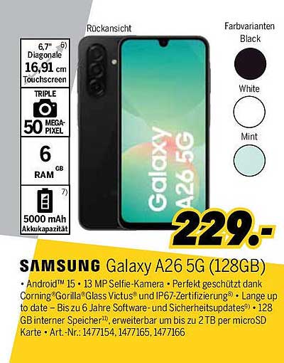 Samsung Galaxy A26 5G (128GB) für nur 229,- Euro
