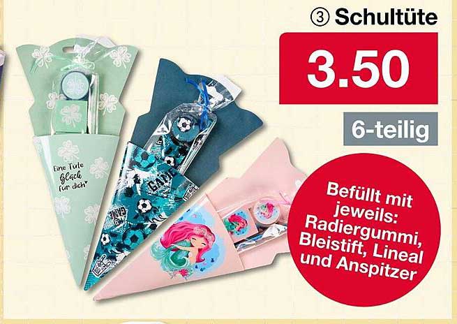 Schultüte 6-teilig, gefüllt mit Radiergummi, Bleistift, Lineal und Anspitzer