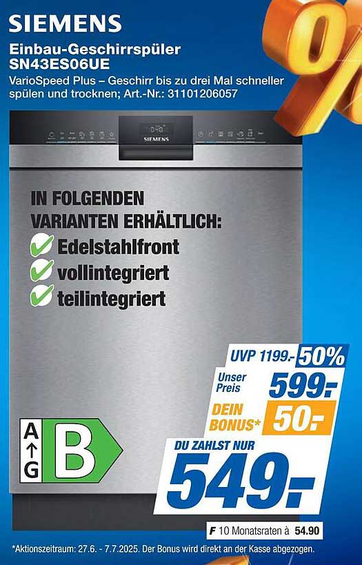 SIEMENS Einbau-Geschirrspüler SN43ES06UE