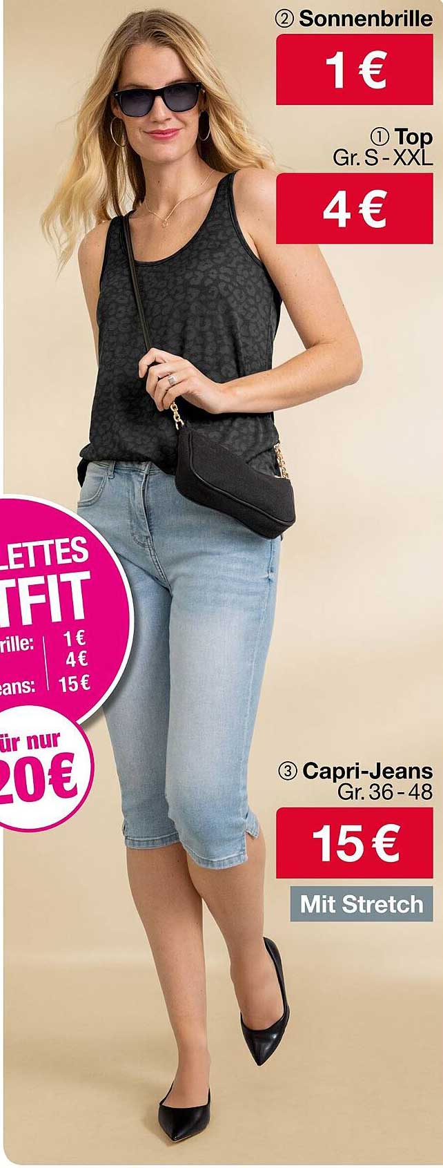 Stylisches Sommer-Outfit: Top, Capri-Jeans und Sonnenbrille