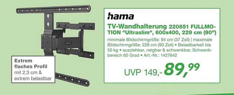TV-Wandhalterung 220851 FULLMOTION "Ultraslim", 600x400, 229 cm (90")