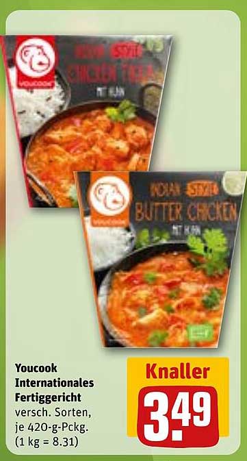 Youcook Internationales Fertiggericht, Butter Chicken oder Chicken Tikka, 420-g-Packung
