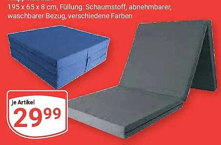 195 x 65 x 8 cm, Füllung: Schaumstoff, abnehmbarer, waschbarer Bezug, verschiedene Farben