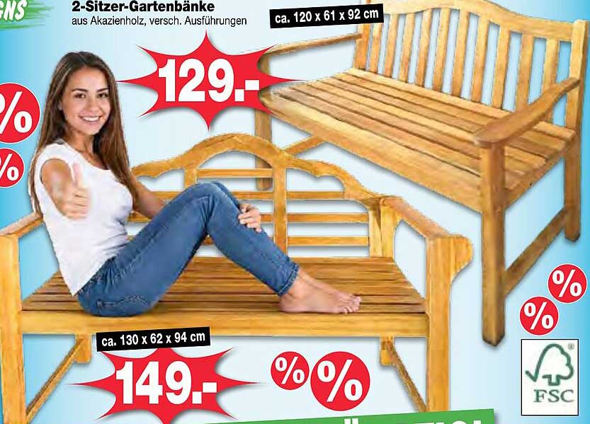 2-Sitzer-Gartenbänke aus Akazienholz, versch. Ausführungen