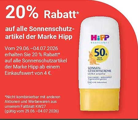 20% Rabatt* auf alle Sonnenschutzartikel der Marke Hipp