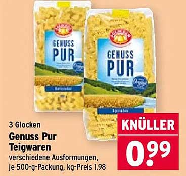 3 Glocken Genuss Pur Teigwaren verschiedene Ausformungen, je 500-g-Packung, kg-Preis 1.98