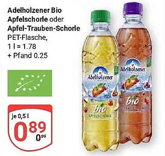 Adelholzener Bio Apfelschorle oder Apfel-Trauben-Schorle PET-Flasche, 1 l = 1.78 + Pfand 0.25