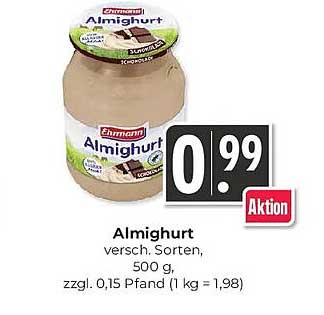 Almighurt versch. Sorten, 500 g, zzgl. 0,15 Pfand (1 kg = 1,98)